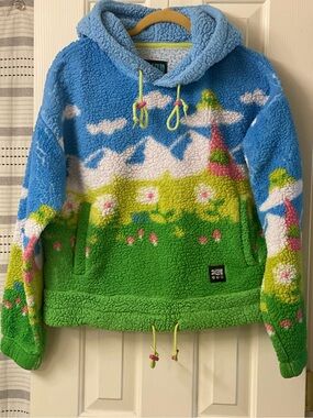 A-Lab Kadley Trippy Landscape Blue & Green Crop Sherpa Hoodie Size Medium